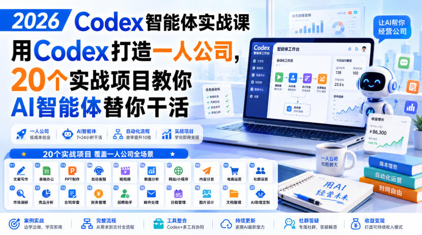 2026 Codex智能体实战课,用Codex打造一人公司,20个实战项目教你AI智能体替你干活-韬哥副业项目资源网