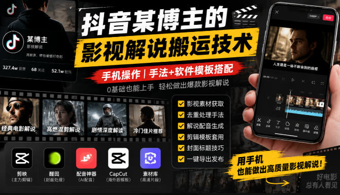 抖音某博主的影视解说搬运技术,手机操作,手法+软件模板搭配-韬哥副业项目资源网