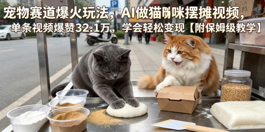 宠物赛道爆火玩法，AI做猫咪摆摊视频，单条视频爆赞32.1万，学会轻松变现【附保姆级教学】-韬哥副业项目资源网