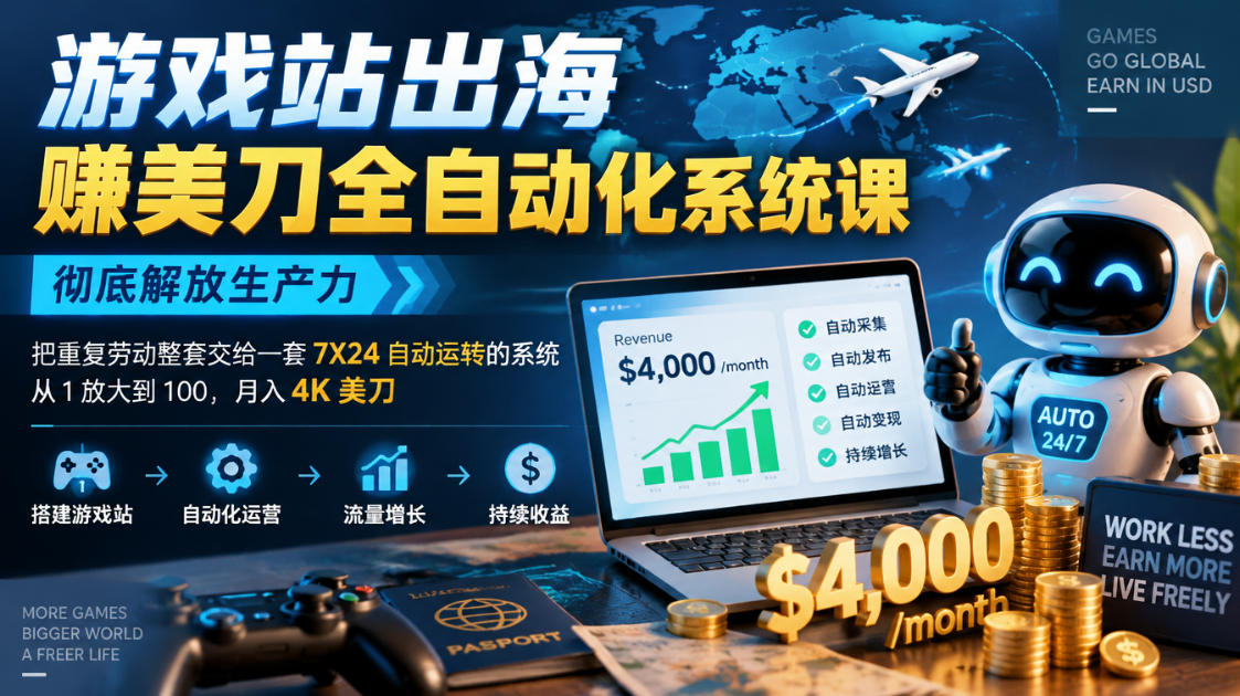 游戏站出海賺美刀全自动化系统课,彻底解放生产力–把重复劳动整套交给一套7X24自动运转的系统,从1放大到100,月入4K美刀-韬哥副业项目资源网