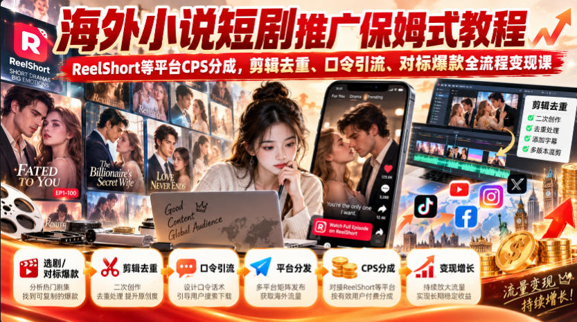 海外小说短剧推广保姆式教程|ReelShort等平台CPS分成,剪辑去重、口令引流、对标爆款全流程变现课-韬哥副业项目资源网