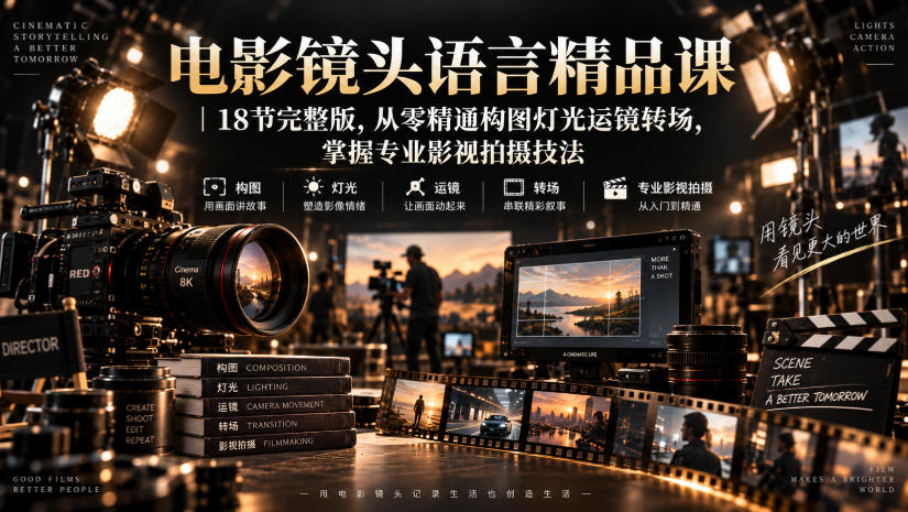 电影镜头语言精品课|18节完整版,从零精通构图灯光运镜转场,掌握专业影视拍摄技法-韬哥副业项目资源网