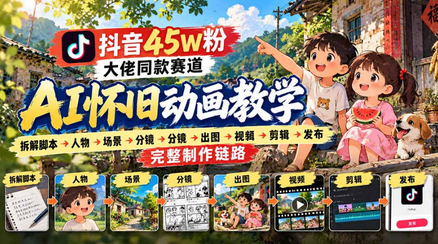 抖音45W粉大佬同款赛道AI怀旧动画实战课：拆解脚本→人物→场景→分镜→出图→视频→剪辑→发布完整制作链路-韬哥副业项目资源网