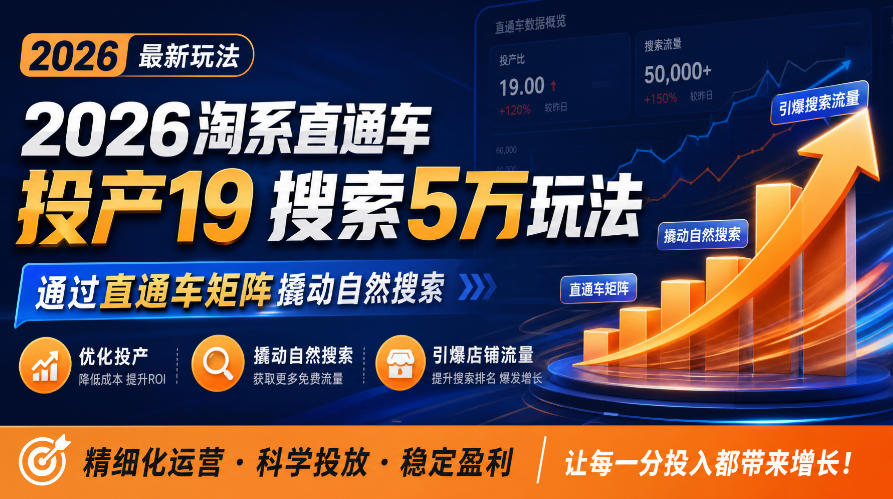 2026淘系直通车投产19搜索5万玩法,通过直通车矩阵撬动自然搜索,帮助商家优化投产,引爆店铺搜索流量-韬哥副业项目资源网