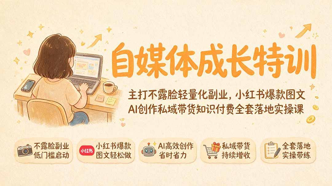 自媒体成长特训｜主打不露脸轻量化副业，小红书爆款图文AI创作私域带货知识付费全套落地实操课-韬哥副业项目资源网