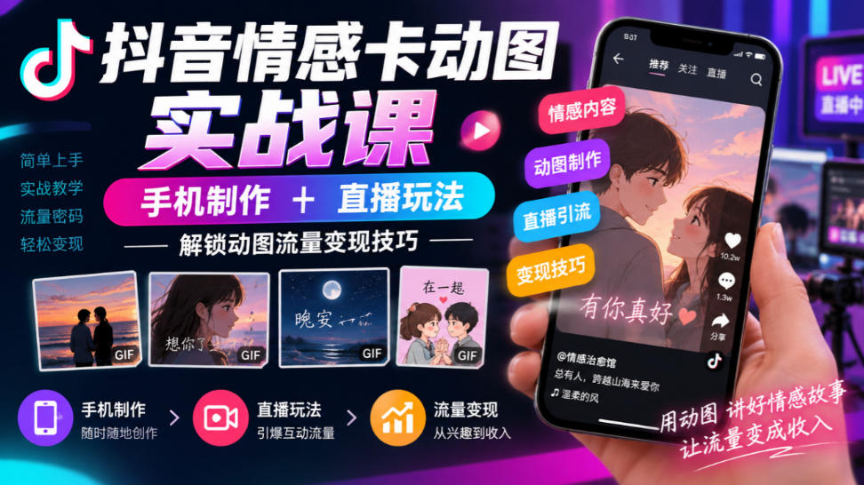 抖音情感卡动图实战课|手机制作+直播玩法,解锁动图流量变现技巧-韬哥副业项目资源网