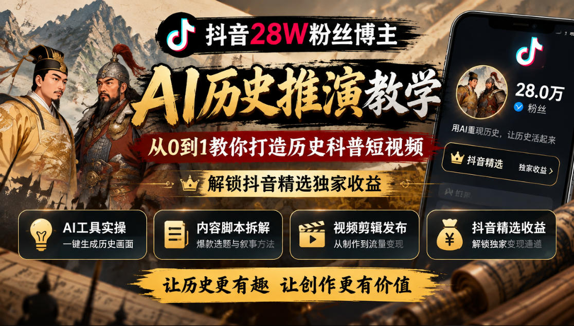 抖音28W粉丝博主的AI历史推演教学,从0到1教你打造历史科普短视频,解锁抖音精选独家收益-韬哥副业项目资源网