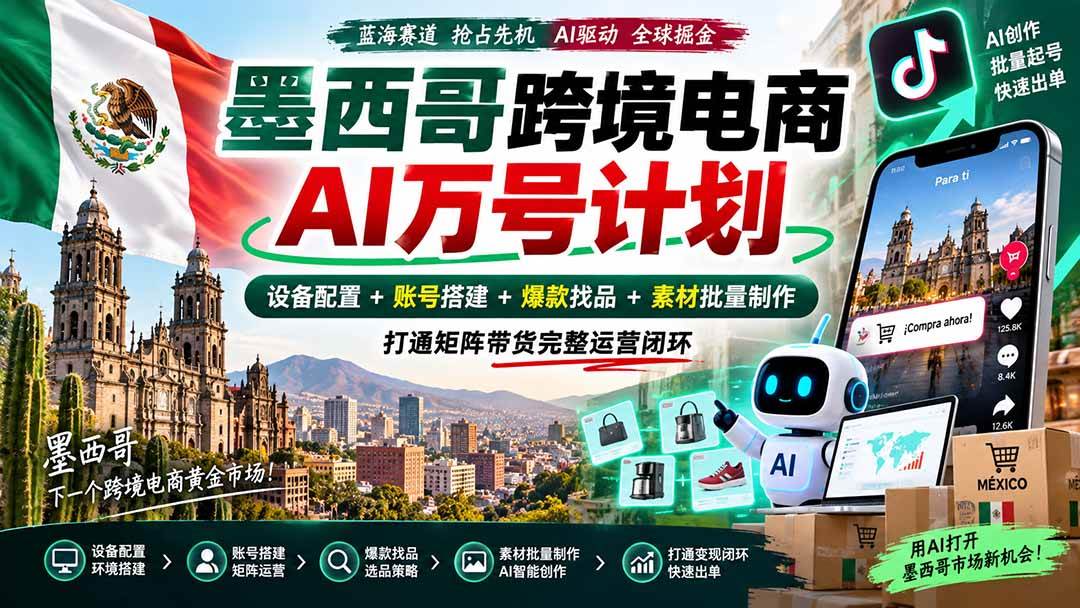 (20500期)墨西哥AI跨境电商万号计划|设备配置+账号搭建+爆款找品+素材批量制作,打通矩阵带货完整运营闭环-韬哥副业项目资源网