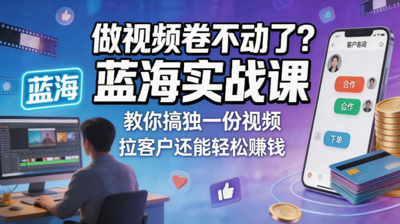 做视频卷不动了？蓝海实战课教你搞独一份视频，拉客户还能轻松賺钱！【原创双语字幕】-韬哥副业项目资源网