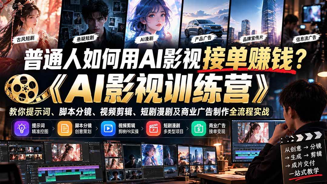 （21230期）普通人如何用AI影视接单赚钱？《AI影视训练营》教你提示词、脚本分镜、视频剪辑、短剧漫剧及商业广告制作全流程实战-韬哥副业项目资源网