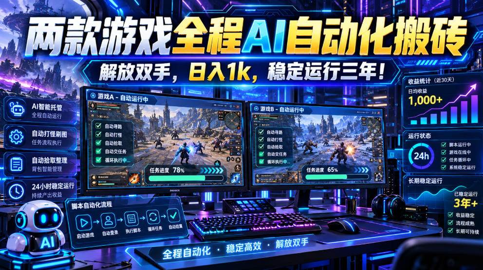 （21236期）两款游戏全程AI自动化搬砖，解放双手，日入1k，稳定运行三年！-韬哥副业项目资源网