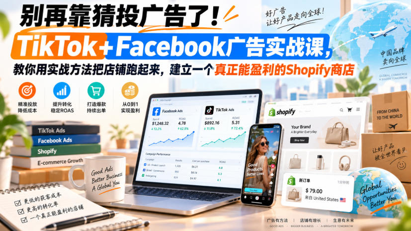 别再靠猜投广告了！TikTok+Facebook广告实战课，教你用实战方法把店铺跑起来，建立一个真正能盈利的Shopify商店【原创双语字幕】-韬哥副业项目资源网