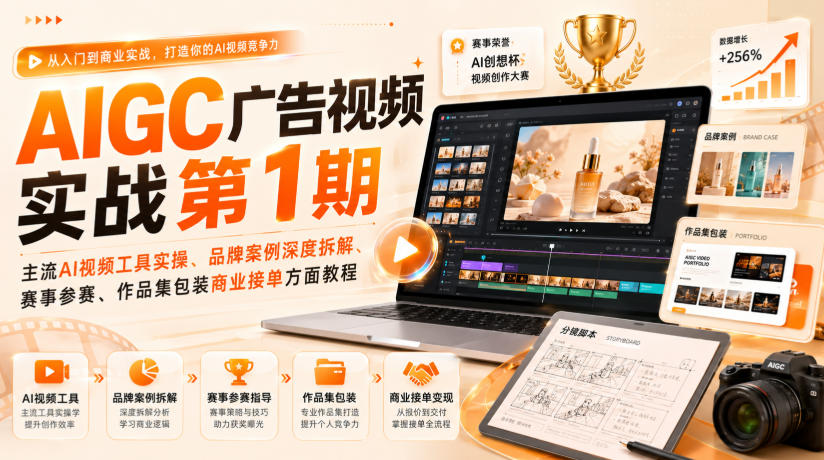 AIGC广告视频实战第1期,主流AI视频工具实操、品牌案例深度拆解、赛事参赛、作品集包装商业接单方面教程-韬哥副业项目资源网