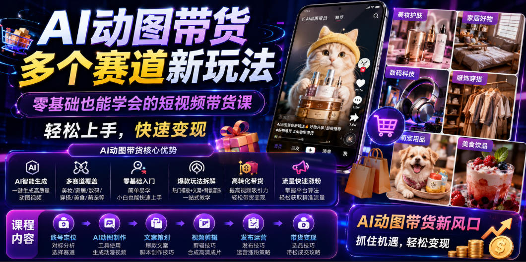 AI动图带货多个赛道新玩法，零基础也能学会的短视频带货课，轻松上手，快速变现-韬哥副业项目资源网