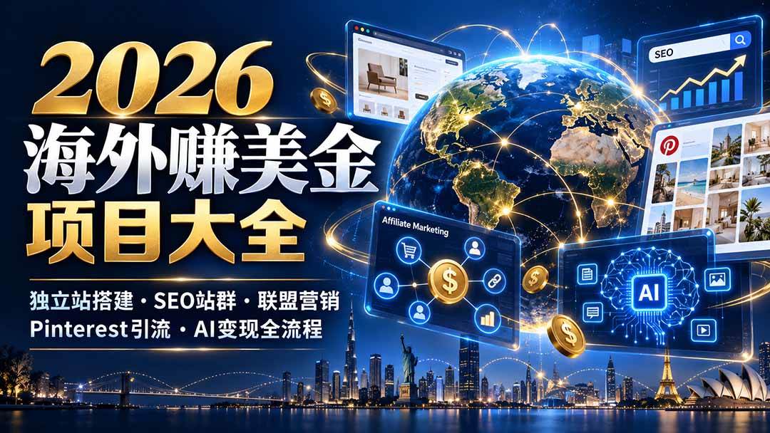 （21200期）2026海外赚美金项目大全：独立站搭建、SEO站群、联盟营销、Pinterest引流与AI变现全流程-韬哥副业项目资源网