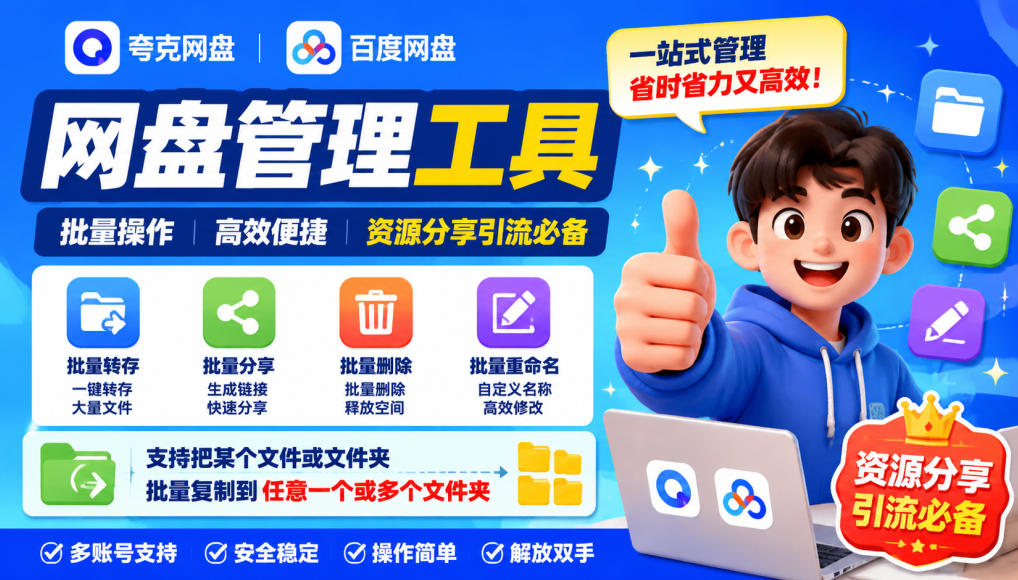 夸克网盘批量文件重命名，批量转存、批量分享、批量复制，内置AI功能