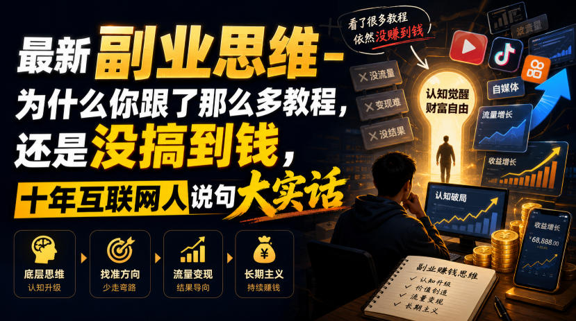 最新副业思维-为什么你跟了那么多教程，还是没搞到钱，十年互联网人说句大实话【揭秘】-韬哥副业项目资源网