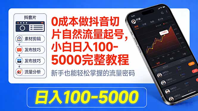 0成本做抖音切片自然流量起号,小白日入100-5000完整教程-韬哥副业项目资源网