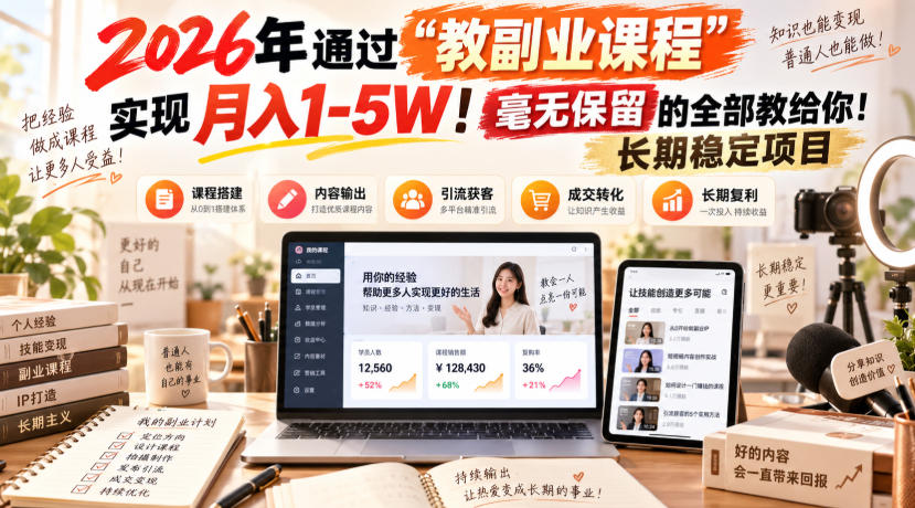 2026年通过“教副业课程”实现月入1-5W！毫无保留的全部教给你！长期稳定项目【揭秘】-韬哥副业项目资源网