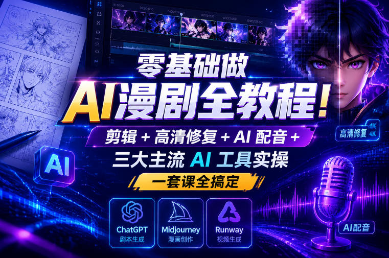 零基础做AI漫剧全教程!剪辑+高清修复+AI配音+三大主流AI工具实操,一套课全搞定-韬哥副业项目资源网