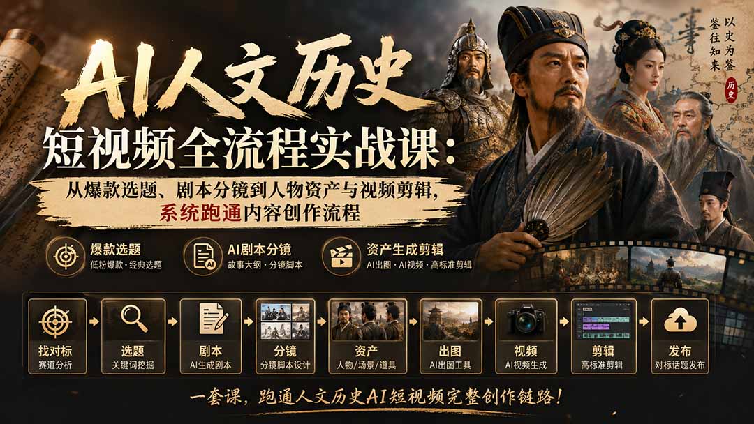 AI人文历史短视频全流程实战课：从爆款选题、剧本分镜到人物资产与视频剪辑，系统跑通内容创作流程-韬哥副业项目资源网