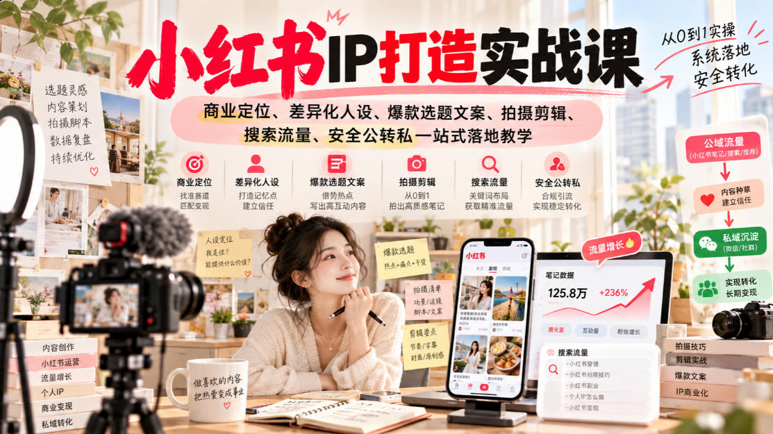 小红书ip打造实战课，商业定位、差异化人设、爆款选题文案、拍摄剪辑、搜索流量、安全公转私一站式落地教学-韬哥副业项目资源网