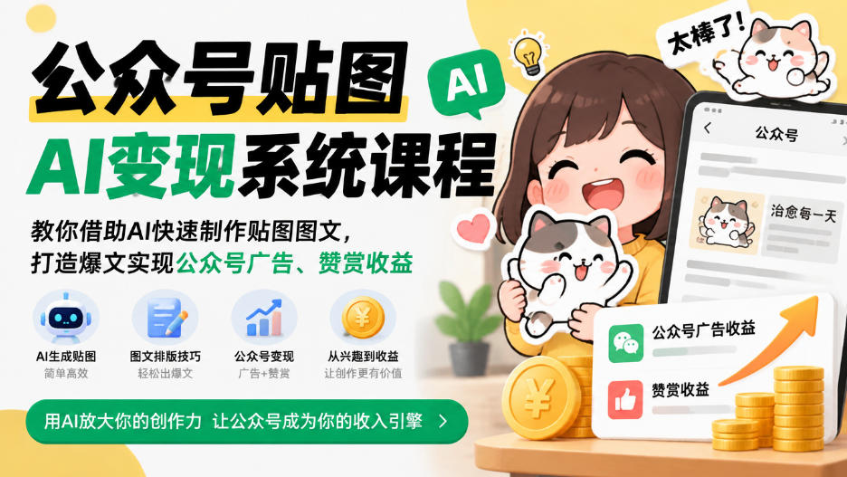 公众号贴图AI变现系统课程｜教你借助AI快速制作贴图图文，打造爆文实现公众号广告、赞赏收益-韬哥副业项目资源网