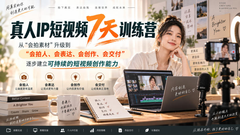 真人IP短视频7天训练营，从“会拍素材”升级到“会拍人、会表达、会创作、会交付”，逐步建立可持续的短视频创作能力-韬哥副业项目资源网