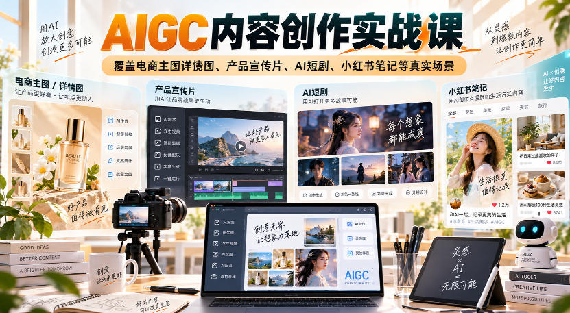AIGC内容创作实战课,覆盖电商主图详情图、产品宣传片、AI短剧、小红书笔记等真实场景-韬哥副业项目资源网
