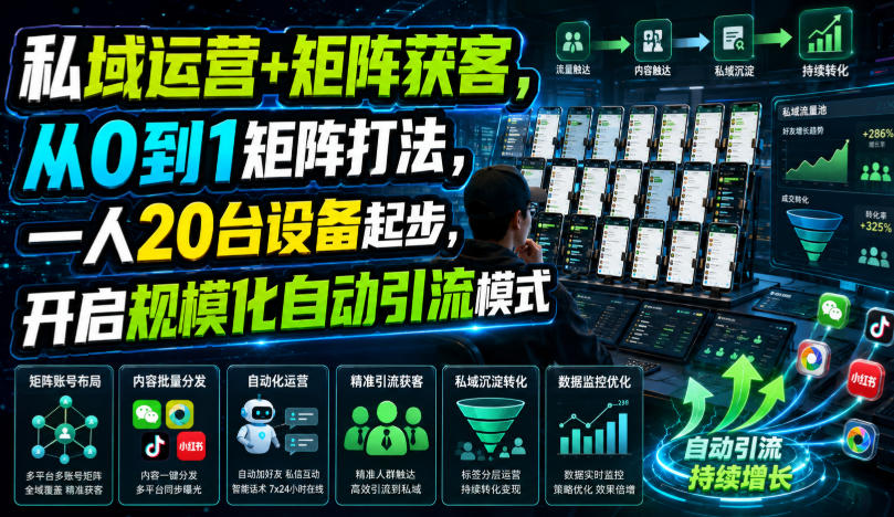 私域运营+矩阵获客，从0到1矩阵打法，一人20台设备起步，开启规模化自动引流模式！-韬哥副业项目资源网