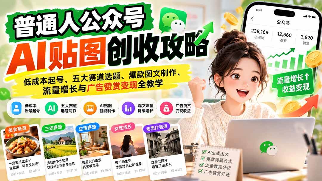 （20972期）普通人公众号AI贴图创收攻略：低成本起号、五大赛道选题、爆款图文制作、流量增长与广告赞赏变现全教学