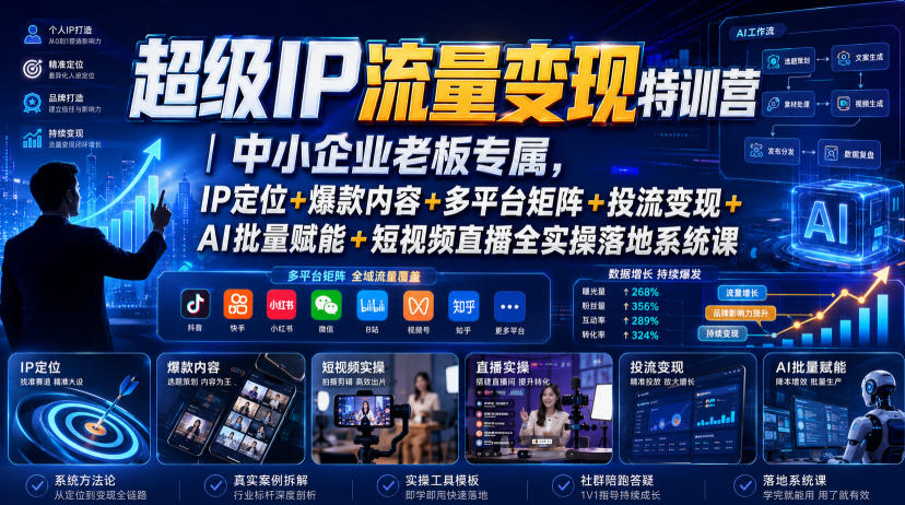 超级IP流量变现特训营|中小企业老板专属,IP定位+爆款内容+多平台矩阵+投流变现+AI批量赋能+短视频直播全实操落地系统课-韬哥副业项目资源网