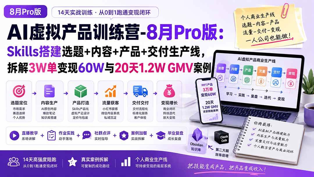 (20369期)AI虚拟产品训练营PRO版-更新0910:Skills搭建选题+内容+产品+交付生产线,拆解3W单变现60W与20天1.2W GMV案例 (20369期)AI虚拟产品训练营PRO版-更新0910:Skills搭建选题+内容+产品+交付生产线,拆解3W单变现60W与20天1.2W GMV案例