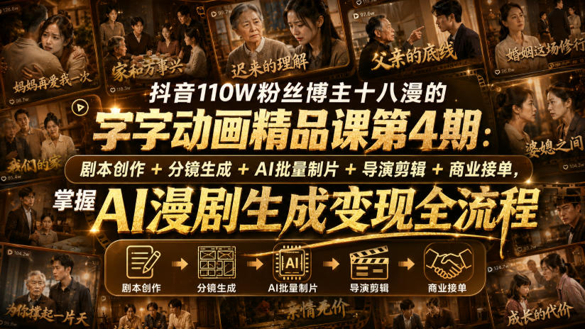 抖音110W粉丝博主十八漫的字字动画精品课第4期：剧本创作+分镜生成+剪辑+商业接单，掌握AI漫剧生成变现全流程-韬哥副业项目资源网