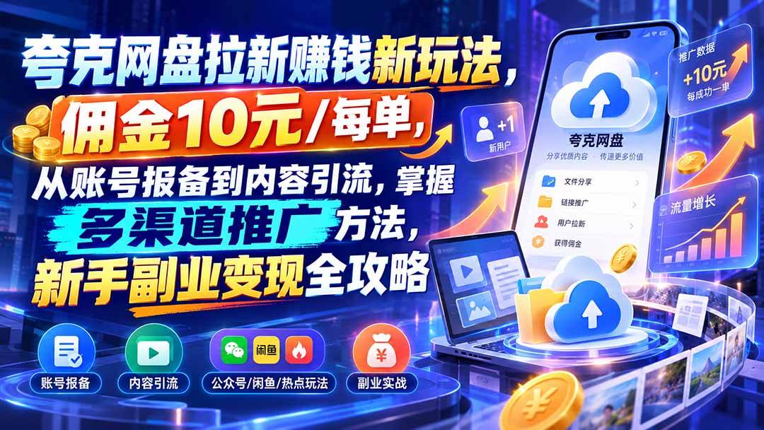 （21108期）夸克网盘拉新赚钱新玩法，佣金10元/每单，从账号报备到内容引流，掌握多渠道推广方法，新手副业变现全攻略-韬哥副业项目资源网
