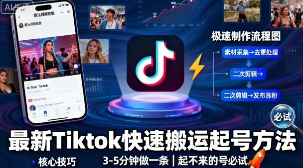 最新Tiktok快速搬运快速起号方法，3-5分钟做一条，起不来的号可以试试-韬哥副业项目资源网