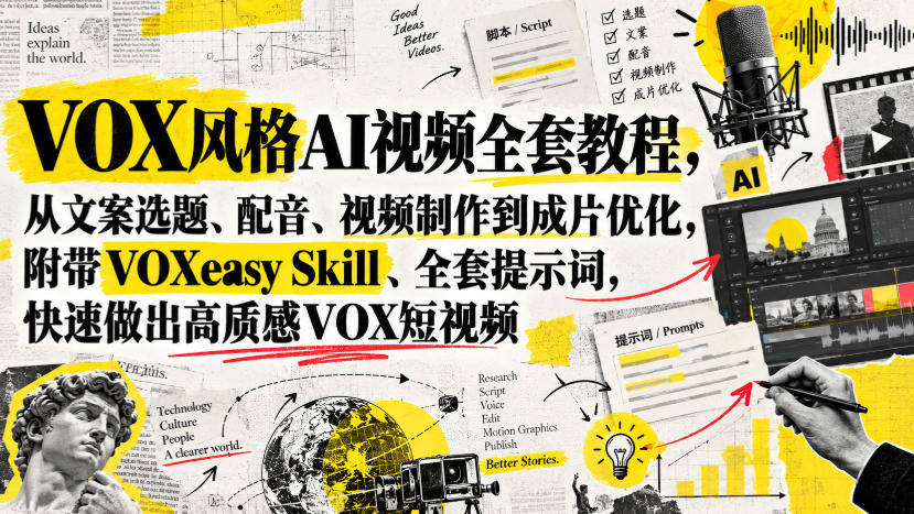 VOX风格AI视频全套教程,从文案选题、配音、视频制作到成片优化,附带VOXeasy Skill、全套提示词,快速做出高质感VOX短视频-韬哥副业项目资源网