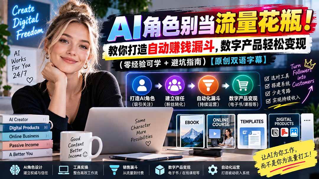 （20475期）AI角色别当流量花瓶！教你打造自动赚钱漏斗，数字产品轻松变现（零经验可学+避坑指南）【原创双语字幕】-韬哥副业项目资源网