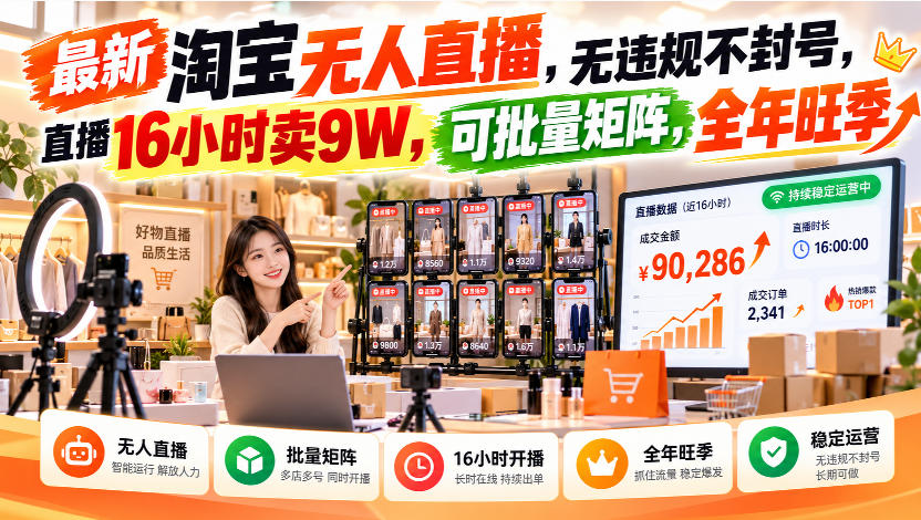 最新淘宝无人直播，无违规不封号，直播16小时卖9W，可批量矩阵，全年旺季【揭秘】-韬哥副业项目资源网