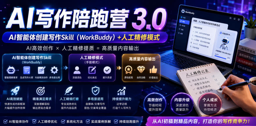 AI写作陪跑营3.0,Ai智能体创建写作skill(workbuddy)+人工手写模式(手搓模式),去除AI痕迹(头条号、公众号、百家号)(更新0907) AI写作陪跑营3.0,Ai智能体创建写作skill(workbuddy)+人工手写模式(手搓模式),去除AI痕迹(头条号、公众号、百家号)(更新0907)