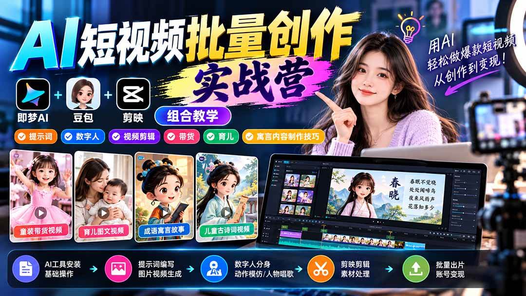 （21039期）【无水印】AI短视频批量创作实战营：即梦+豆包+剪映组合教学，提示词/数字人/视频剪辑/带货/育儿/寓言内容制作技巧-韬哥副业项目资源网