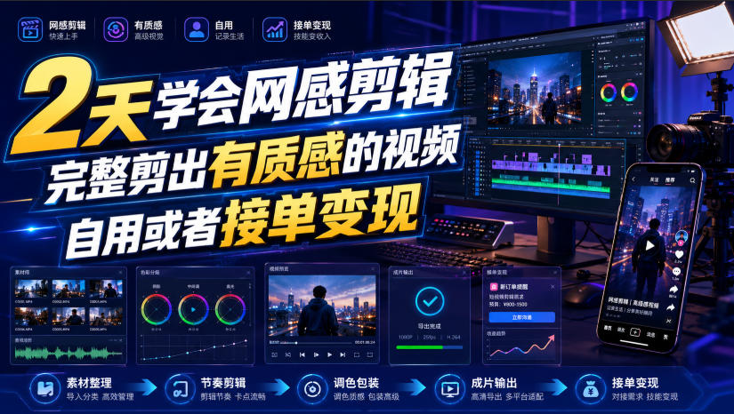 2天学会网感剪辑，完整剪出有质感的视频，自用或者接单变现-韬哥副业项目资源网