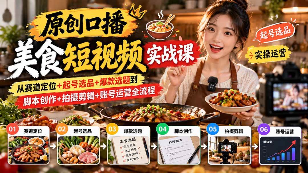 （20786期）原创口播美食短视频实战课：从赛道定位+起号选品+爆款选题到脚本创作+拍摄剪辑+账号运营全流程-韬哥副业项目资源网