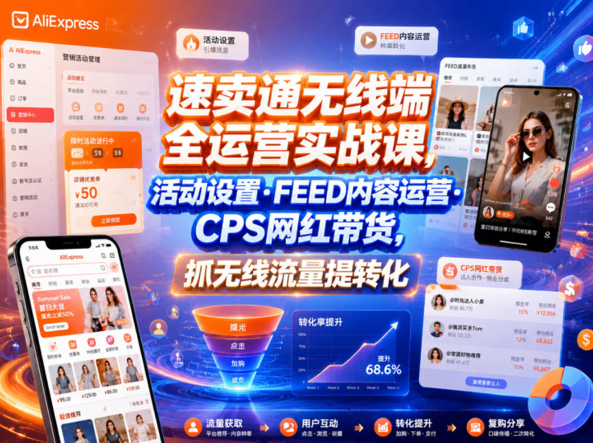 速卖通无线端全运营实战课，活动设置・FEED内容运营・CPS网红带货，抓无线流量提转化-韬哥副业项目资源网
