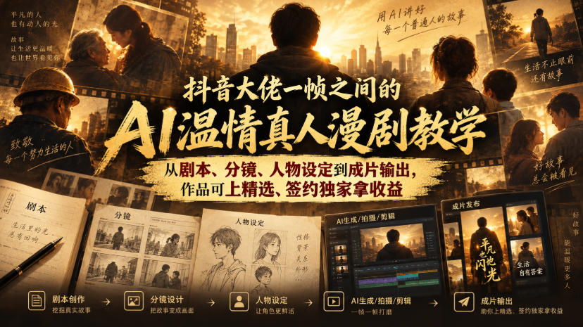 抖音大佬一帧之间的AI温情真人漫剧教学,从剧本、分镜、人物设定到成片输出,作品可上精选、签约独家拿收益-韬哥副业项目资源网