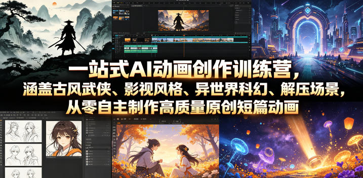 一站式AI动画创作训练营，涵盖古风武侠、影视风格、异世界科幻、解压场景，从零自主制作高质量原创短篇动画-韬哥副业项目资源网