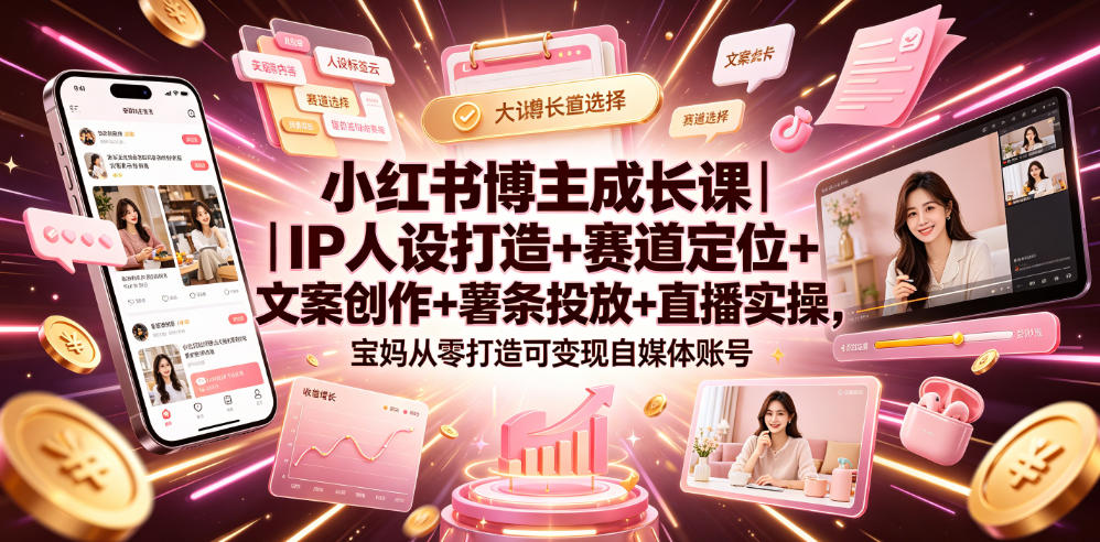 小红书博主成长课｜IP人设打造+赛道定位+文案创作+薯条投放+直播实操，宝妈从零打造可变现自媒体账号-韬哥副业项目资源网
