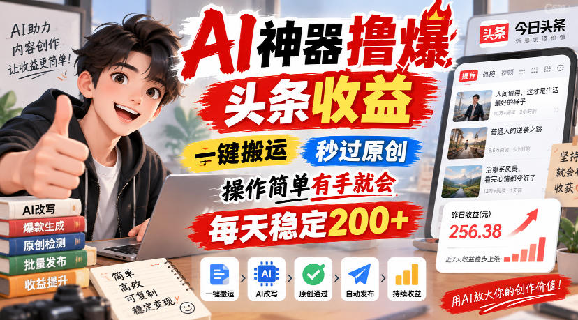 AI神器撸爆头条收益,一键搬运,秒过原创,操作简单有手就会,每天稳定200+【揭秘】-韬哥副业项目资源网