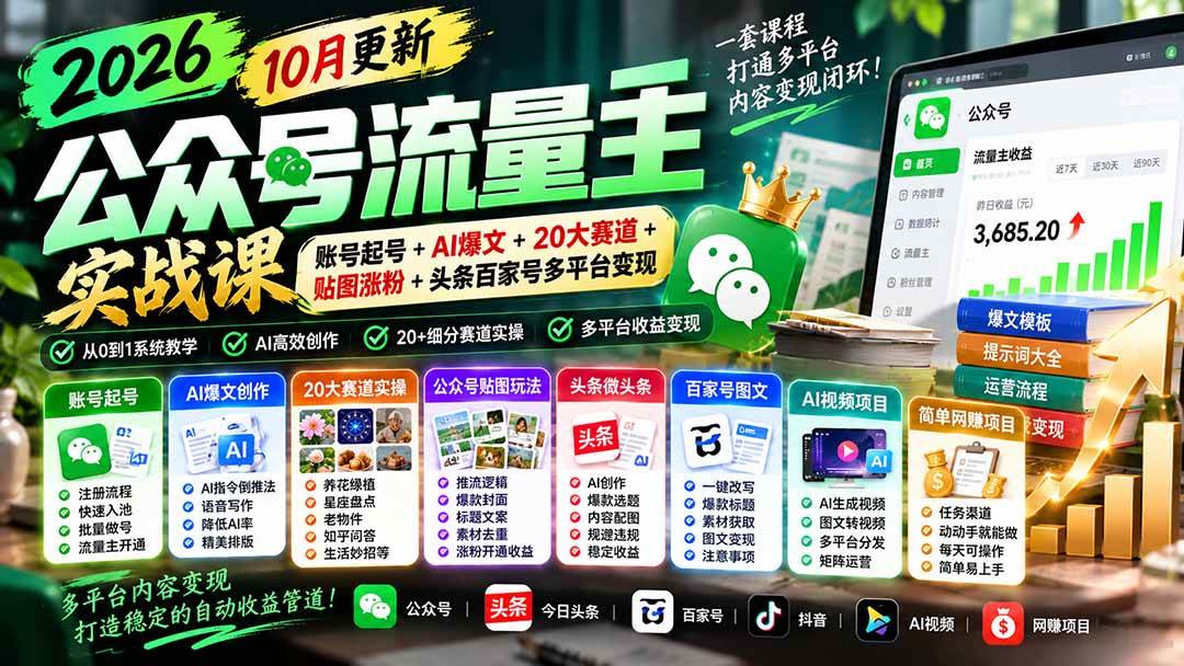 （20878期）2026公众号流量主实战课-10月更新：账号起号+AI爆文+20大赛道+贴图涨粉+头条百家号多平台变现-韬哥副业项目资源网