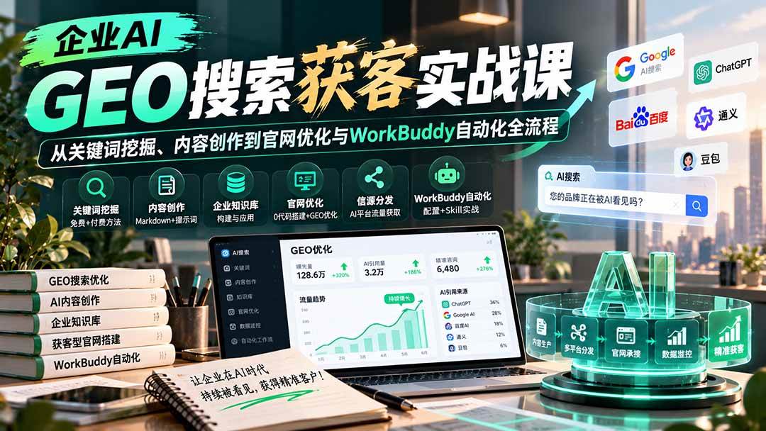 （20643期）企业AI GEO搜索获客实战课：从关键词挖掘、内容创作到官网优化与WorkBuddy自动化全流程-韬哥副业项目资源网